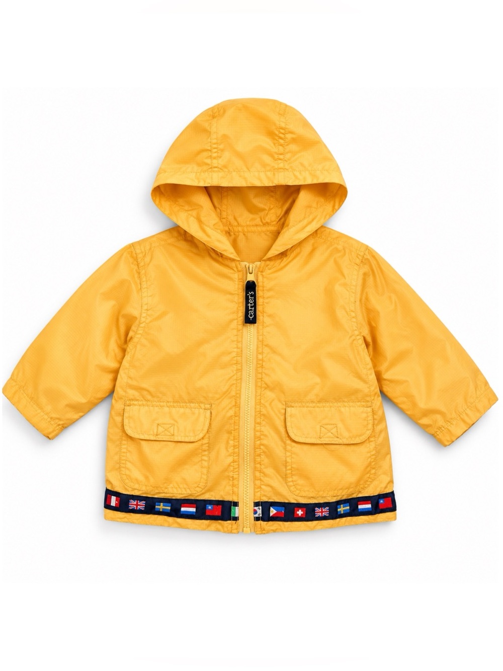 Vintage Carters Yellow World Flags Hem Hooded Windbreaker Raincoat Kids Size 2T
